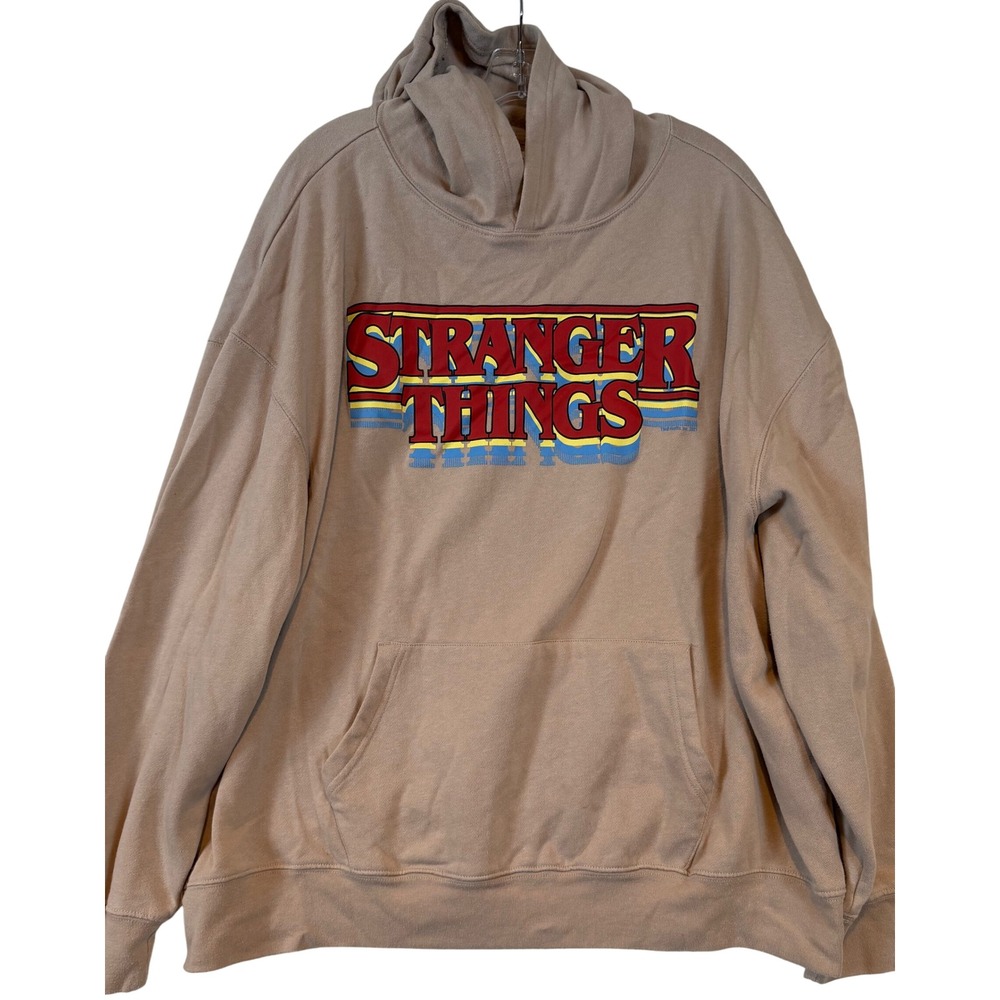 Old Navy Stranger Things Mens XXXL Tan Graphic Pullover Hoodie Hawkins Retro
